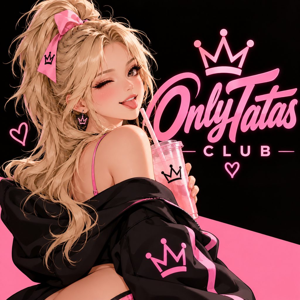 OnlyTatas Club mascot winking with a pink drink next to the neon OnlyTatas Club crown logo