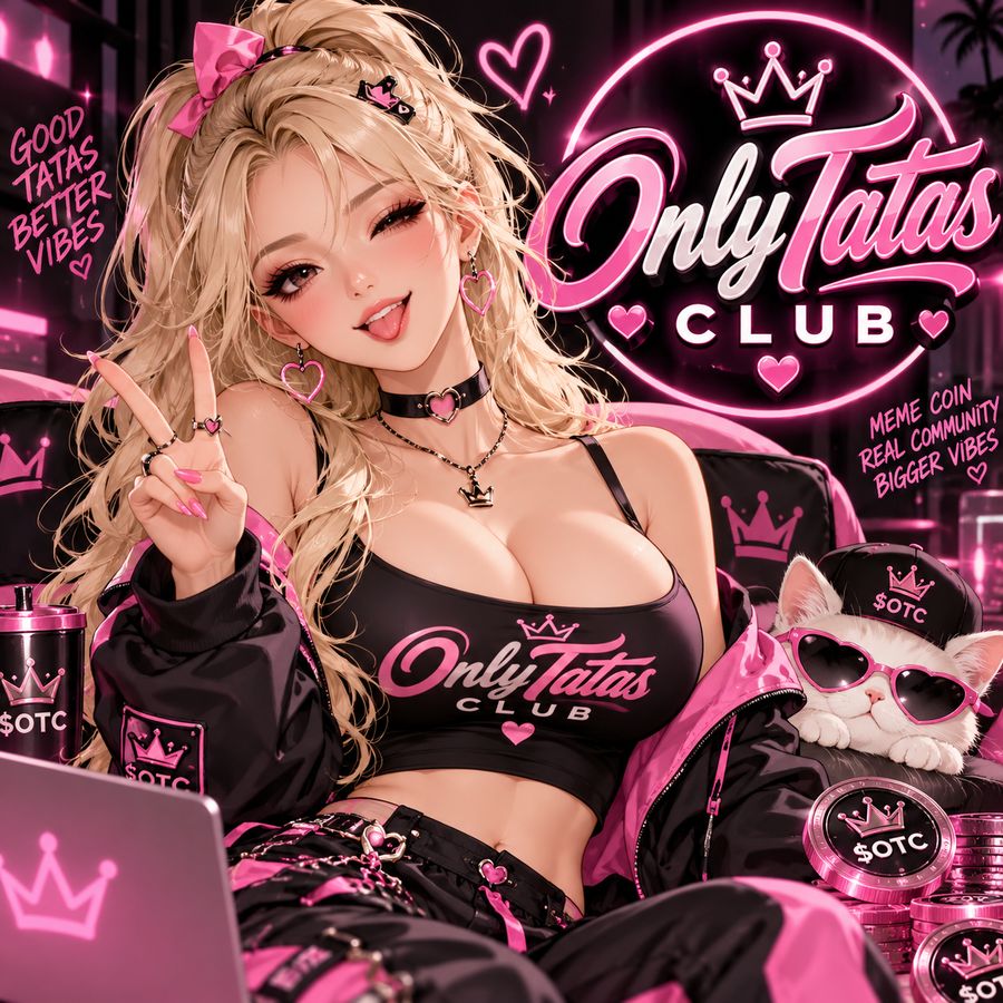 OnlyTatas Club mascot lounging with a white cat in heart sunglasses and a stack of $OTC poker chips